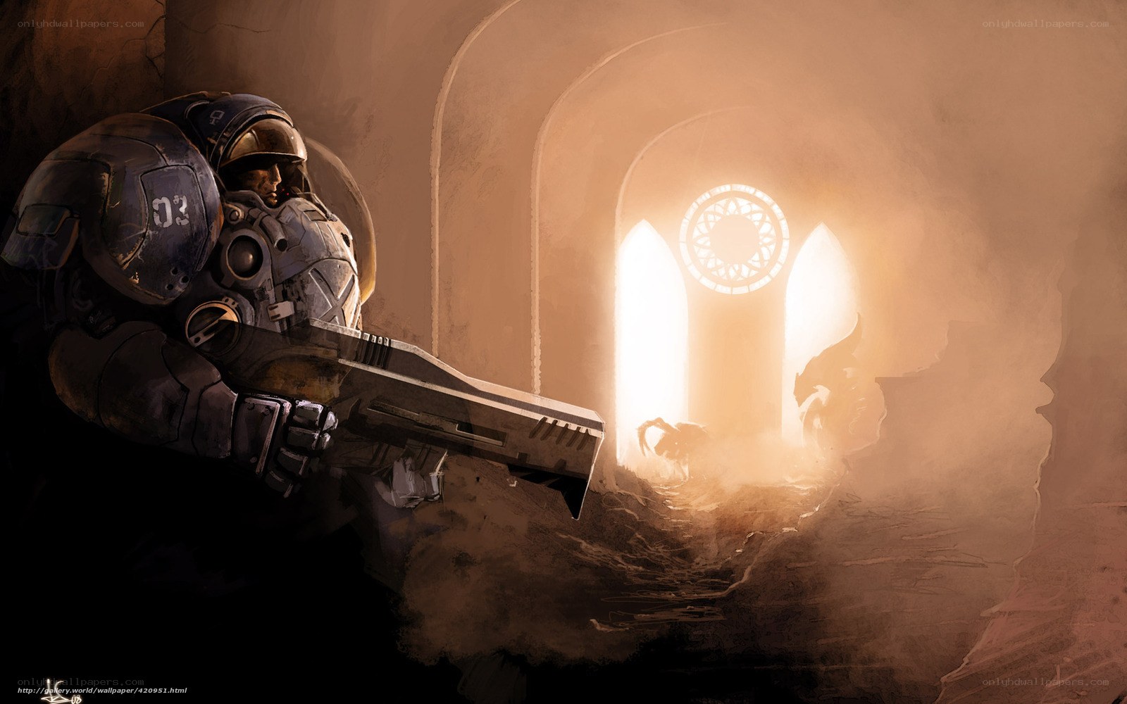 soldier in ancient corridor