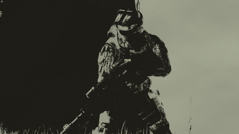 Soldier in Armor — Black, Dramatic, Digital Art, Gun, Helmet, Grass