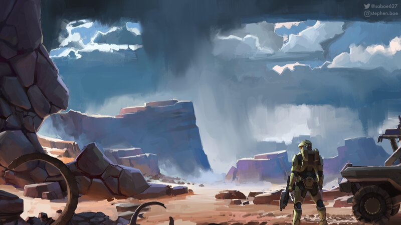Soldier in Armor — Blue, Dramatic, Digital Art, Rocky Terrain