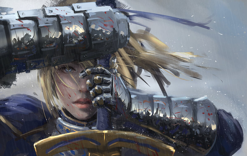 Soldier in Armor — Blue, Dramatic, Digital Art, Shield, Rain