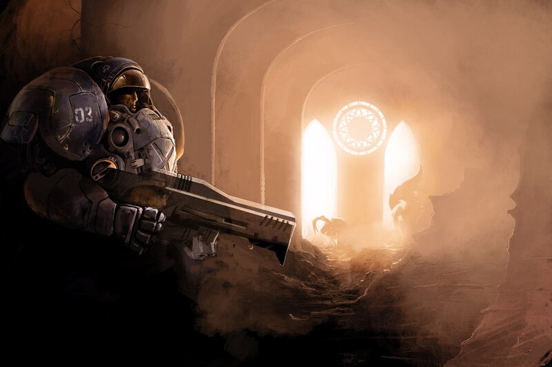 Soldier in Armor — Brown, Dramatic, Digital Art, Gun, Tunnel