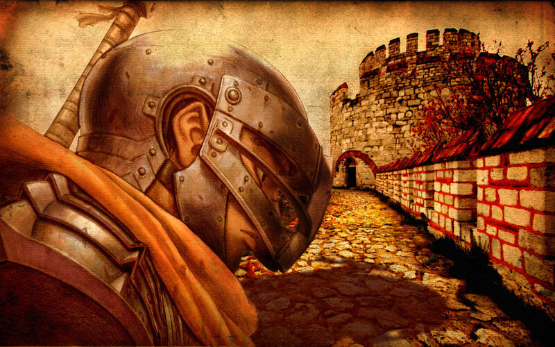 Soldier in Armor — Brown, Dramatic, Sunset, Digital Art, Castle
