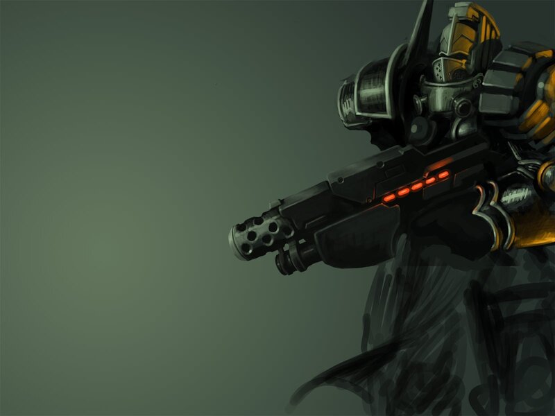 Soldier in Armor — Gray, Dramatic, Digital Art, Gun, Helmet, Black, Orange