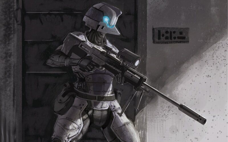 Soldier in Armor — Gray, Dramatic, Digital Art, Rifle, Helmet