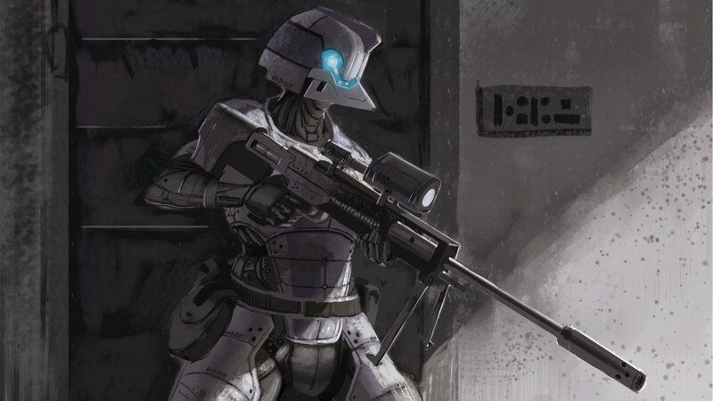 Soldier in Armor — Gray, Dramatic, Digital Art, Rifle, Helmet, Wall