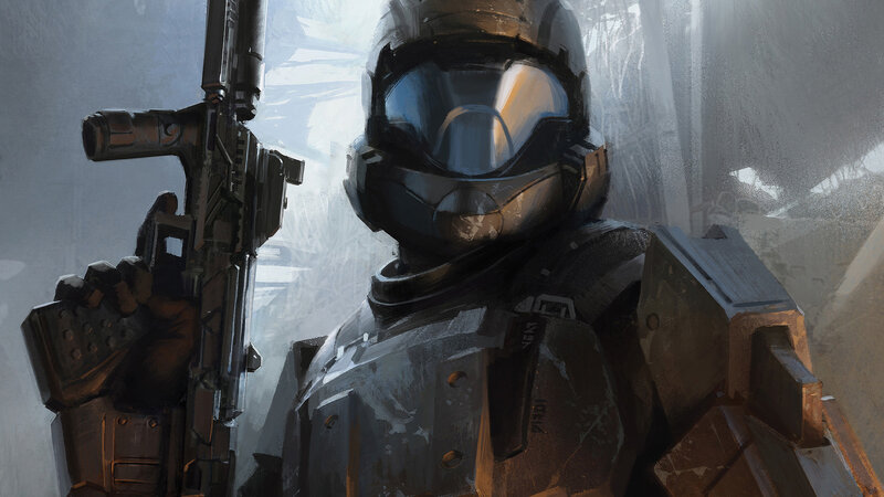Soldier in Armor — Gray, Dramatic, Digital Art, Rifle