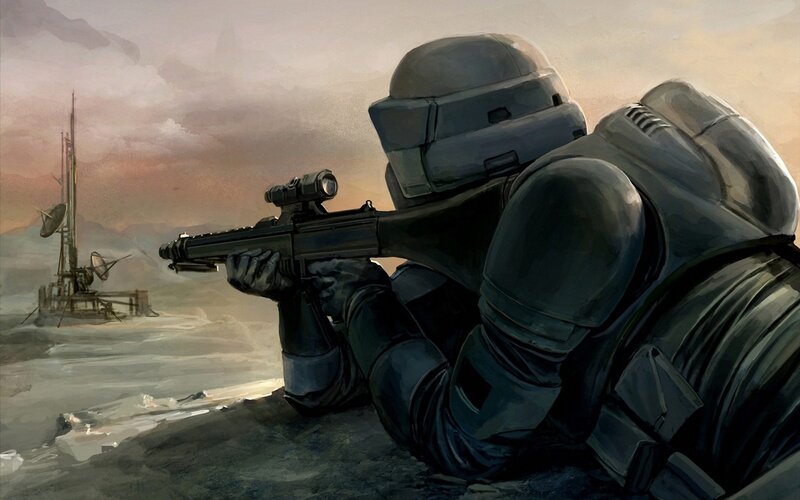 Soldier in Armor — Gray, Dramatic, Sunset, Digital Art, Rifle