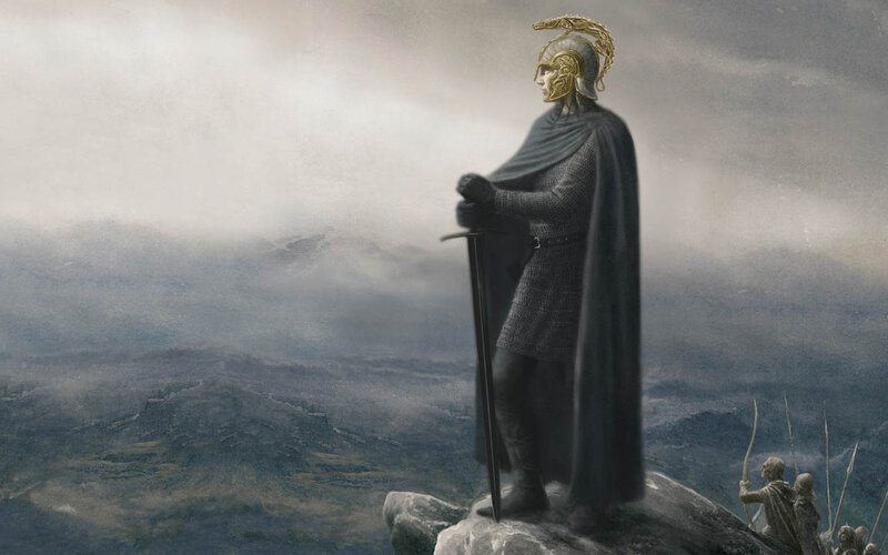 Soldier in Armor on Cliff — Gray