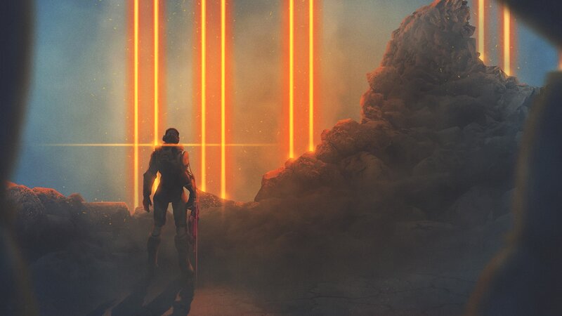 Soldier in Armor — Orange, Dramatic, Digital Art, Rocks