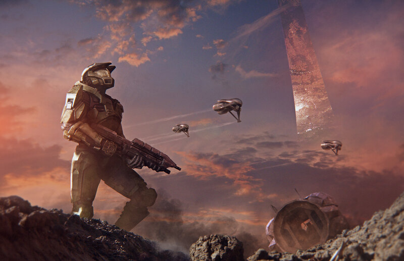 Soldier in Armor — Orange, Dramatic, Sunset, Digital Art, Alien Ships