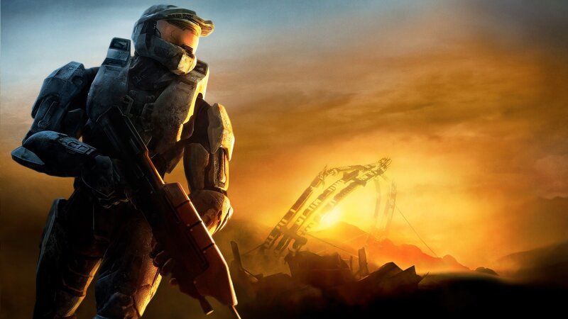 Soldier in Armor — Orange, Dramatic, Sunset, Digital Art, Gun, Ruins
