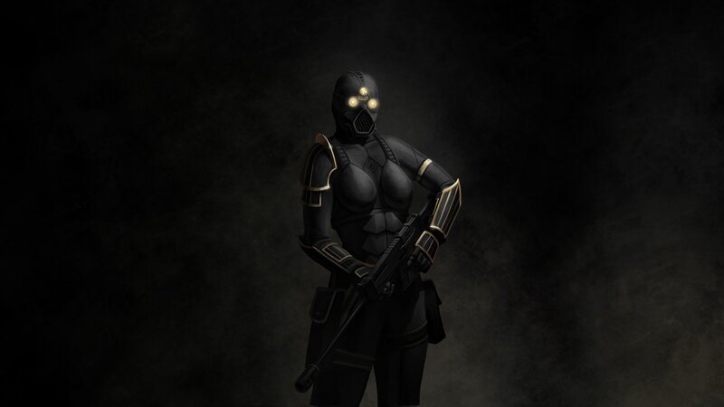 Soldier in Black Armor — Dramatic, Digital Art, Gun
