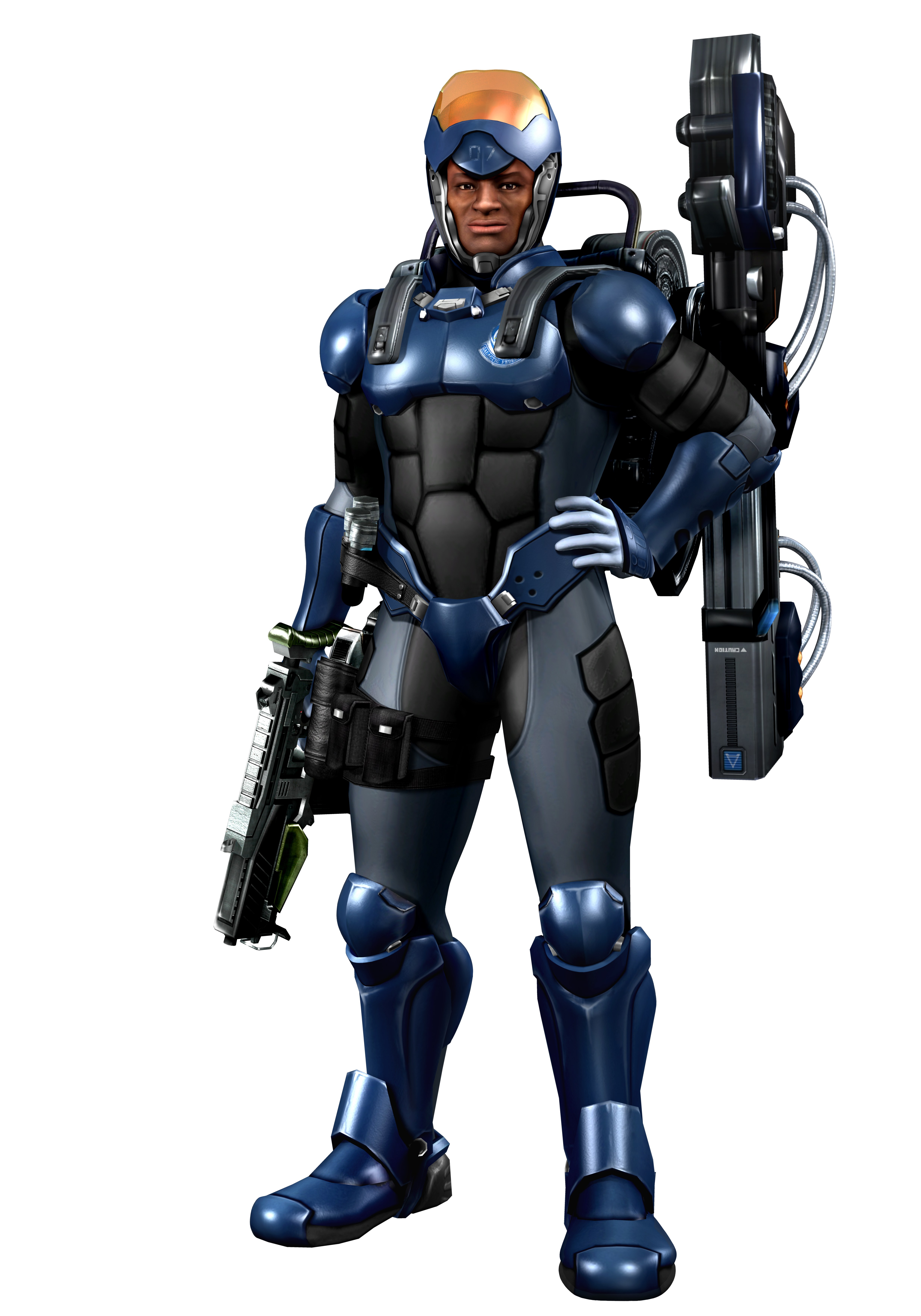 soldier in blue armor