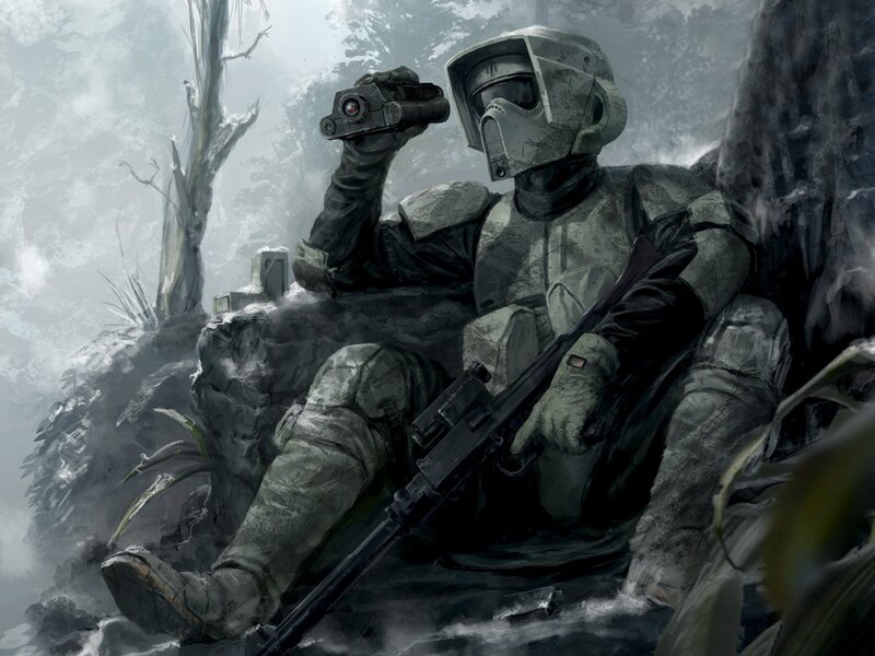 Soldier in Camouflage Gear — Gray, Dramatic, Winter, Digital Art, Rifle, Binoculars