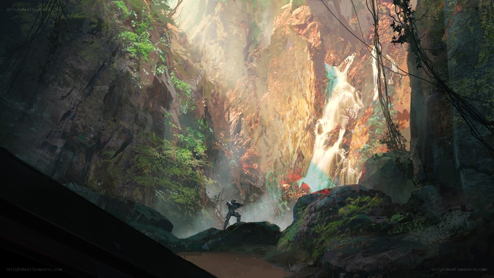 soldier in canyon with waterfall