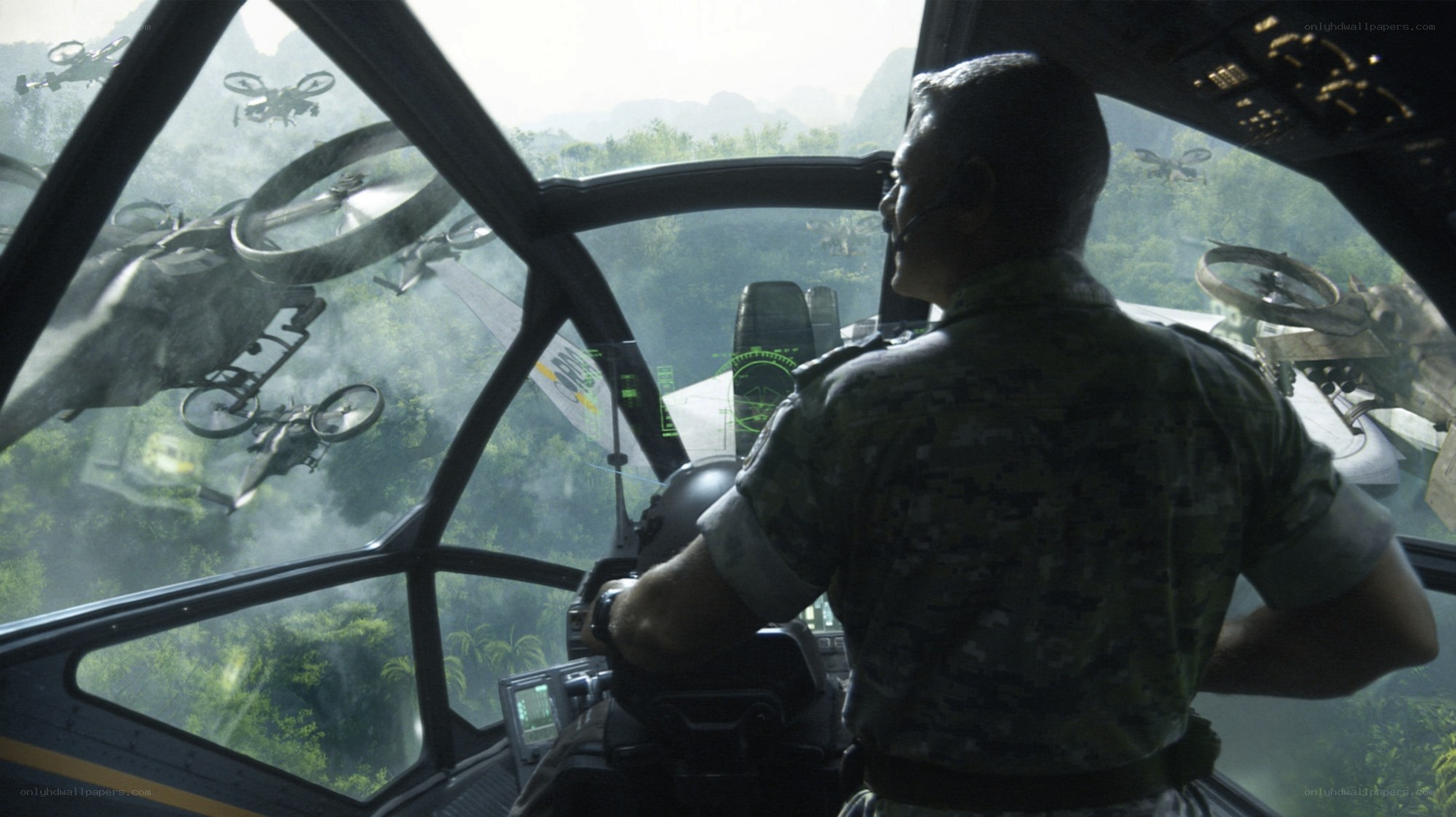 Soldier in cockpit with drones