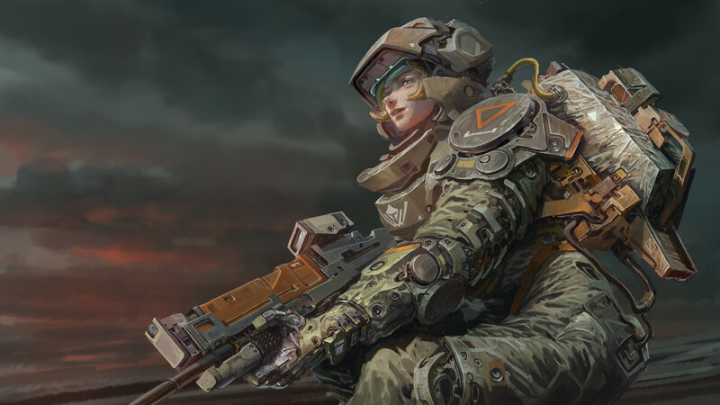 Soldier in Combat Armor — Gray, Dramatic, Sunset, Digital Art, Rifle