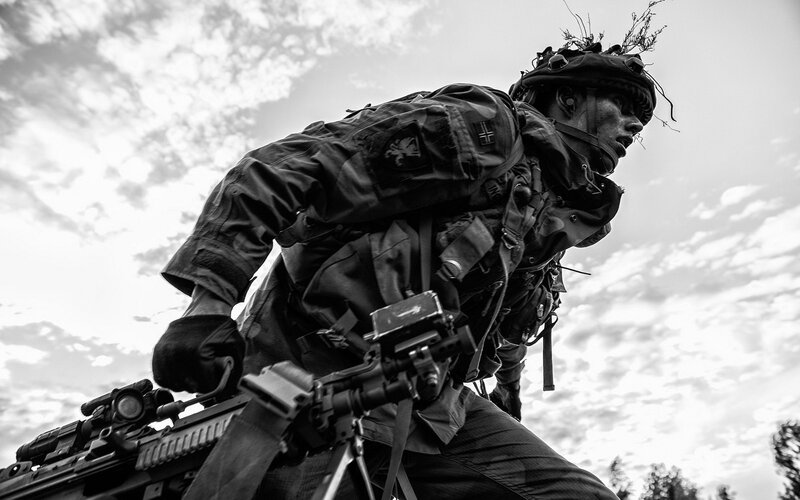 Soldier in Combat Gear — Black, Dramatic, Afternoon