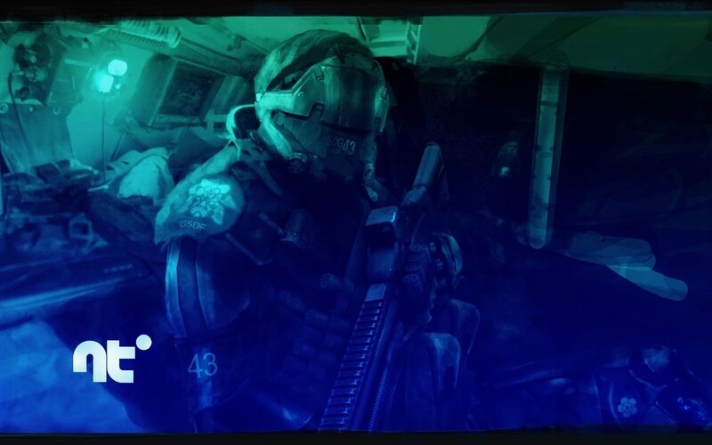 Soldier in Combat Gear — Blue, Dramatic, Night, Digital Art, Helmet