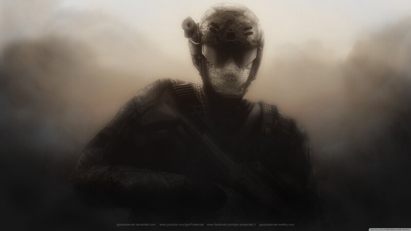 Soldier in Combat Gear — Gray, Dramatic, Digital Art, Helmet, Gun