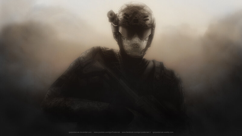 Soldier in Combat Gear — Gray, Dramatic, Digital Art, Helmet