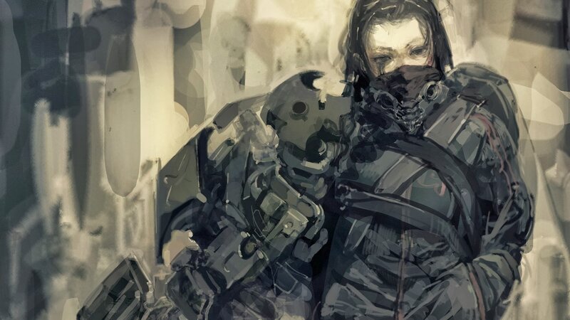 Soldier in Combat Gear — Gray, Dramatic, Digital Art, Mask, Helmet