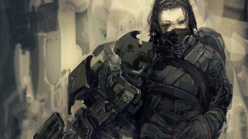 Soldier in Combat Gear — Gray, Dramatic, Digital Art, Mask