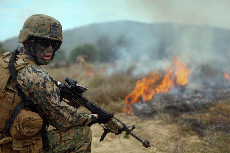 Soldier in Combat Gear — Green, Dramatic, Afternoon