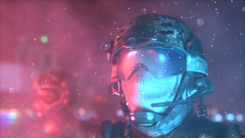 Soldier in Combat Gear — Red, Dramatic, Night