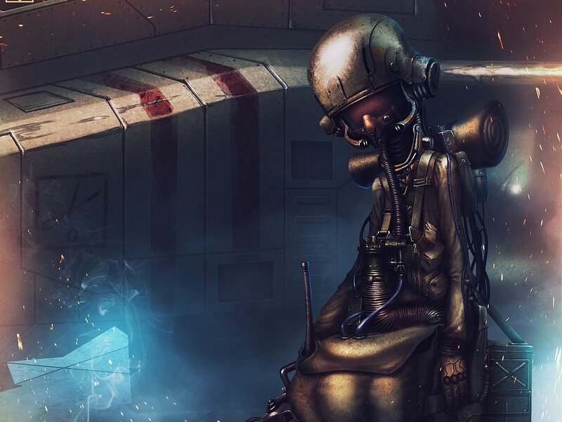 soldier in damaged cockpit