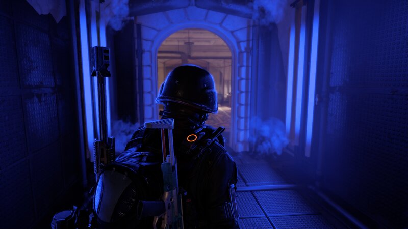 Soldier in Dark Corridor — Blue