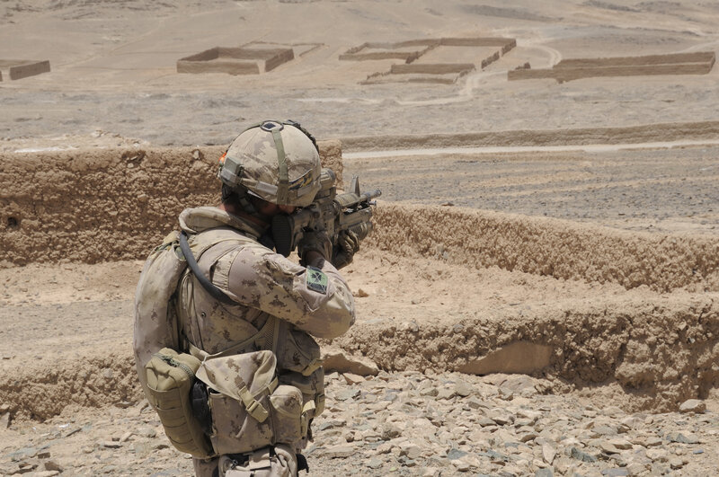 Soldier in Desert — Brown, Tense, Afternoon, Photograph, Gun