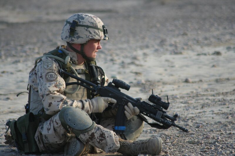 Soldier in Desert Gear — Tan, Tense
