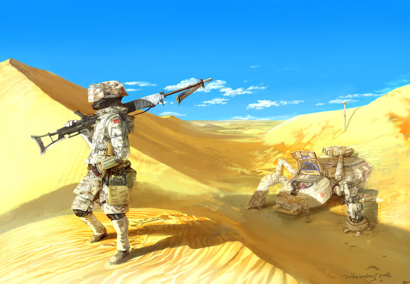 Soldier in desert with mech