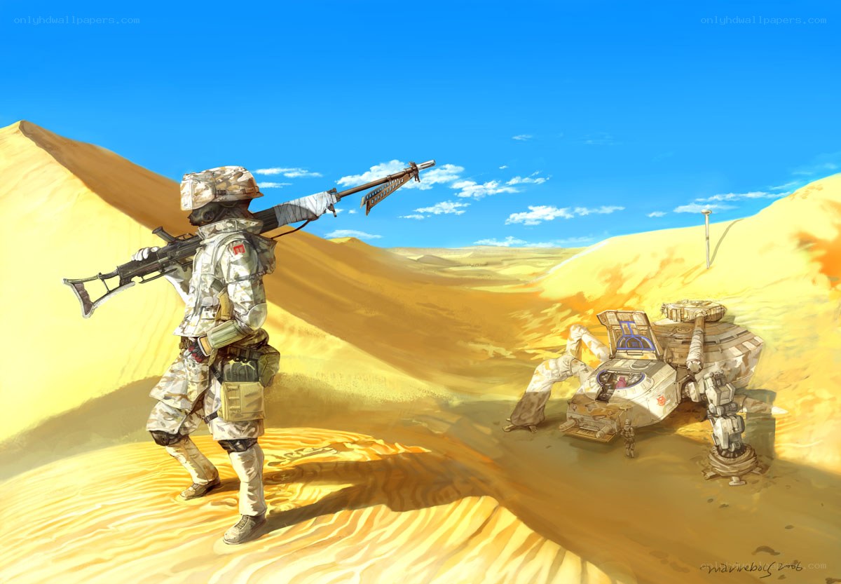 Soldier in desert with mech