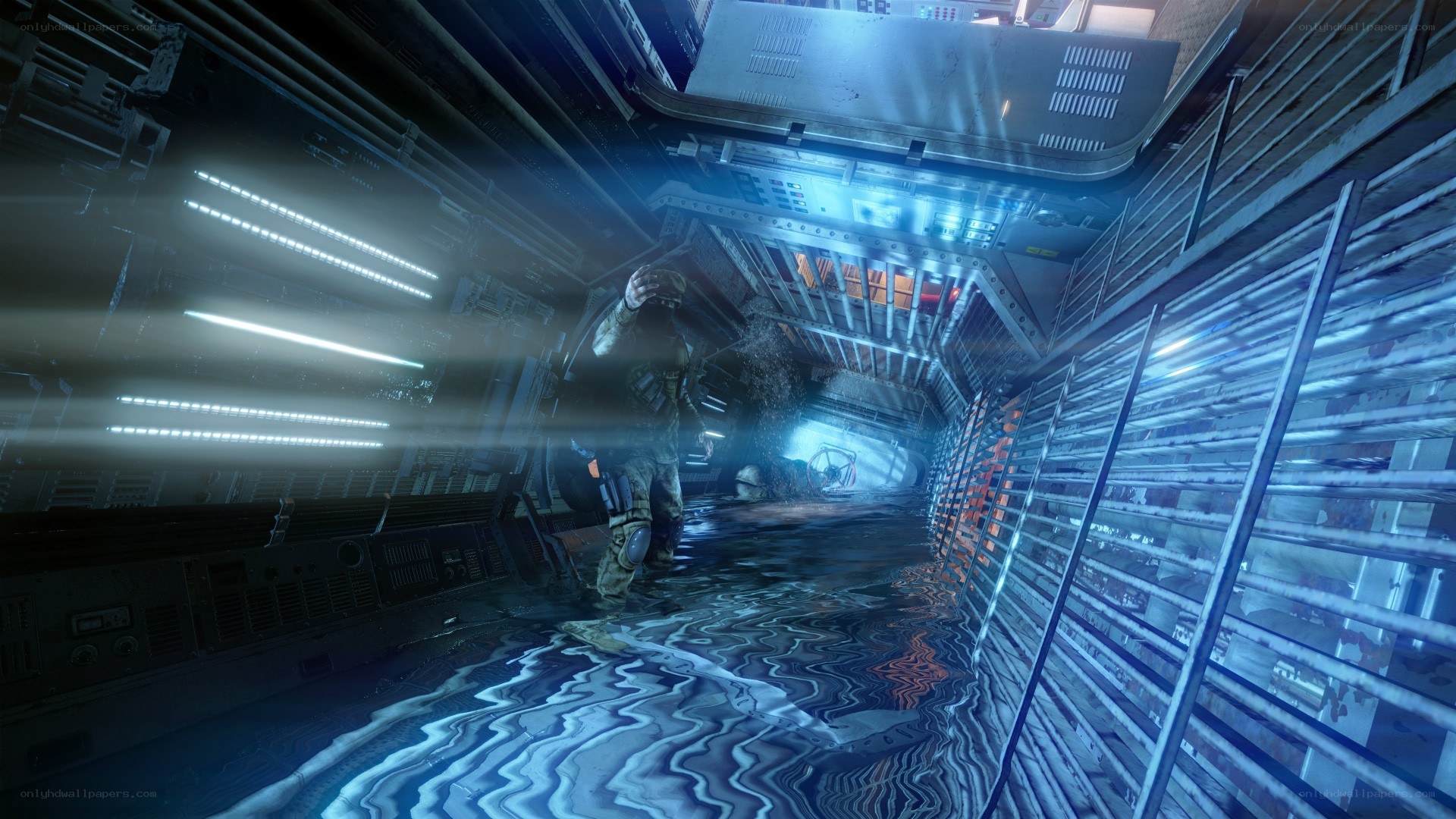 soldier in flooded corridor