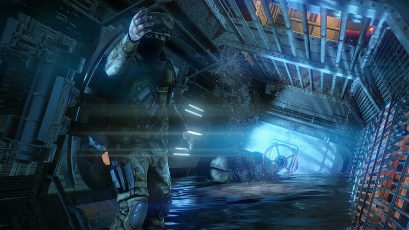 soldier in flooded industrial corridor
