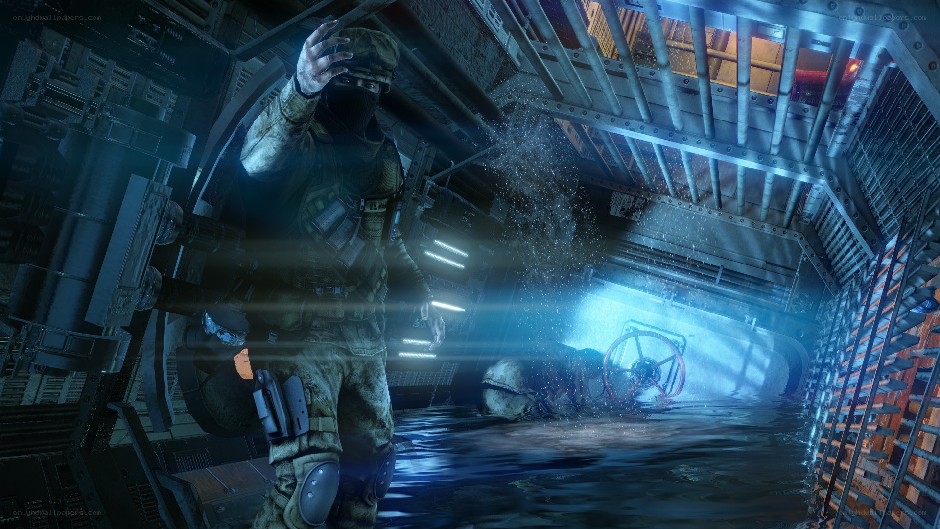 soldier in flooded industrial corridor