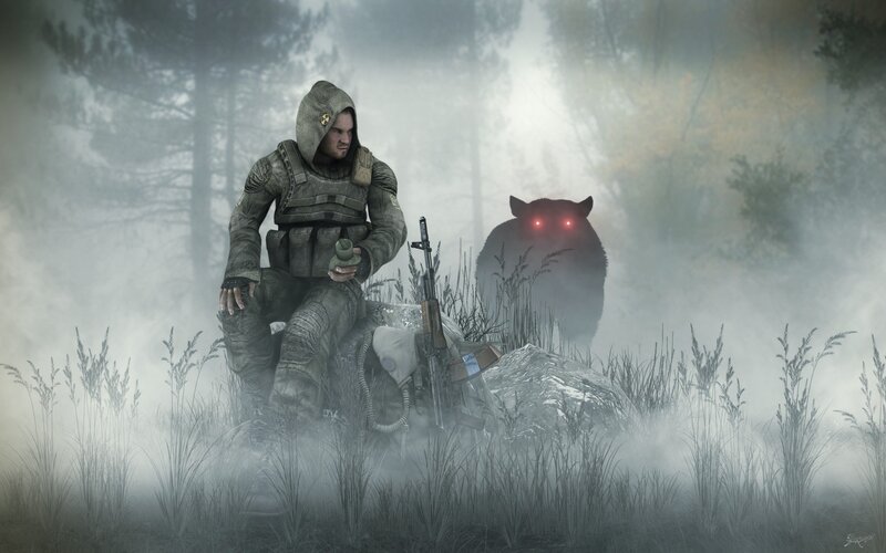 soldier in fog with bear