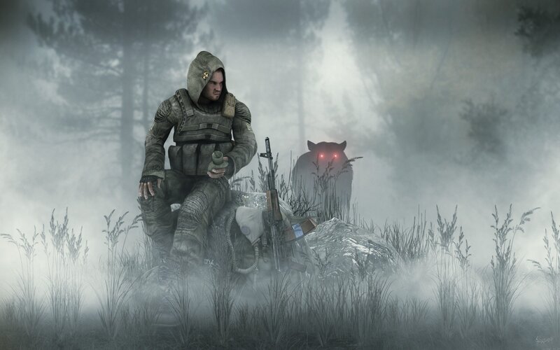 Soldier in foggy forest