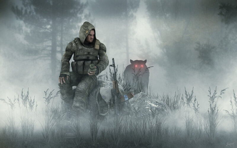 Soldier in Foggy Forest — Gray, Tense