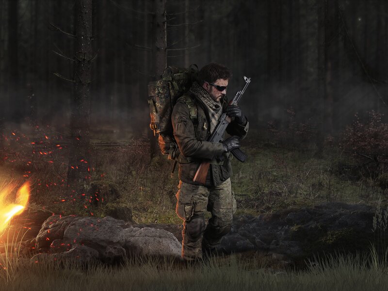 Soldier in Forest — Green, Dramatic, Night, Digital Art