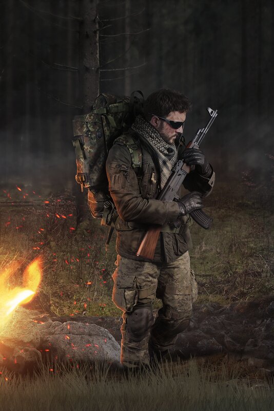 Soldier in Forest — Green, Dramatic, Night