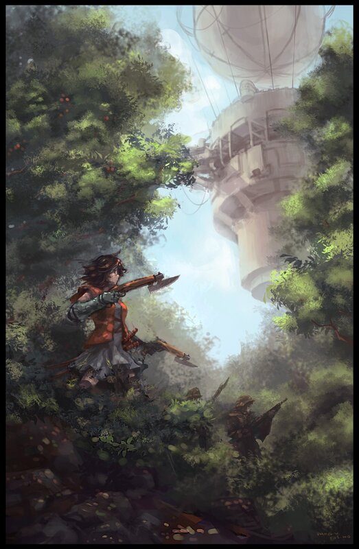 Soldier in forest with airship