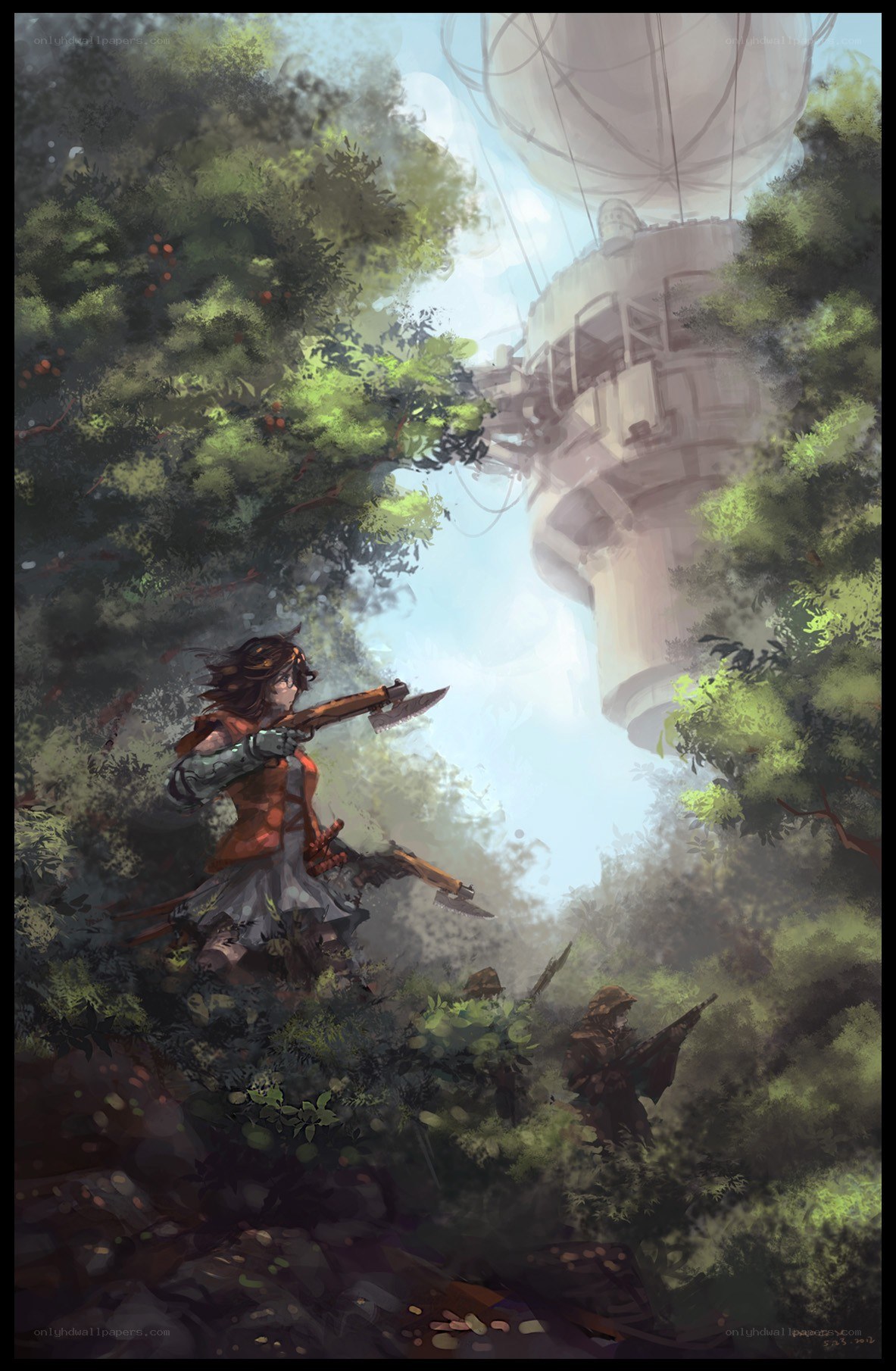 Soldier in forest with airship