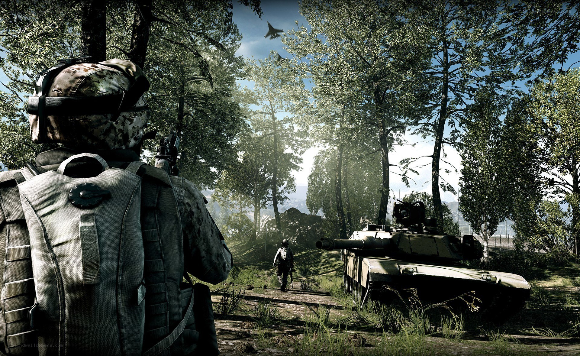 Soldier in forest with tank