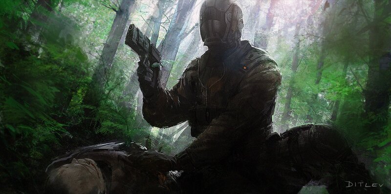 soldier in forest with weapon