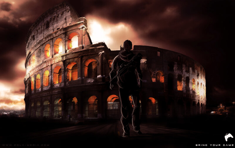 soldier in front of colosseum