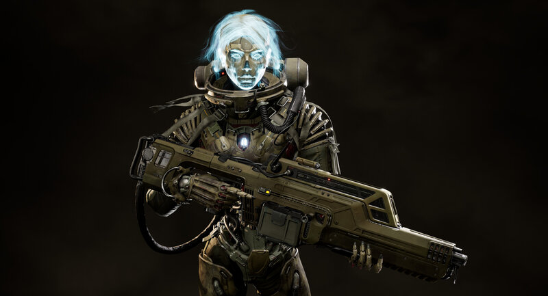 Soldier in Futuristic Armor — Black, Dramatic, 3d Render, Gun, Helmet
