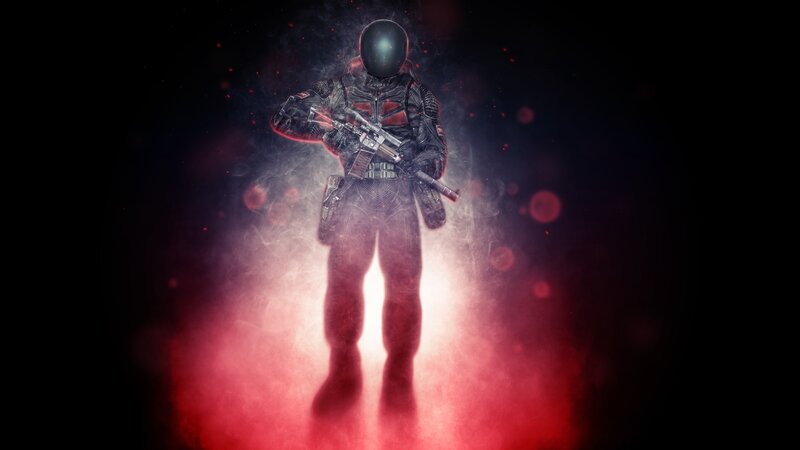 Soldier in Futuristic Armor — Black, Dramatic, Digital Art, Gun, Helmet, Smoke